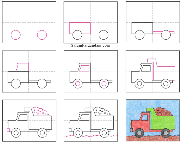 آموزش نقاشی کامیون کمپرسی مرحله به مرحله
