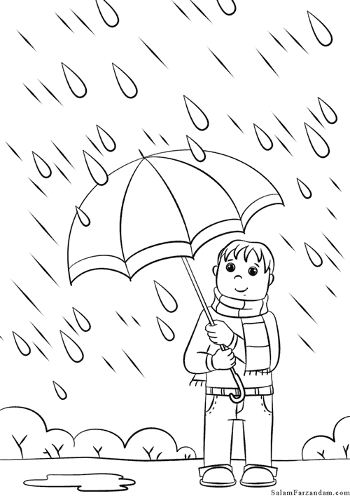 رنگ آمیزی کودک با چتر در باران