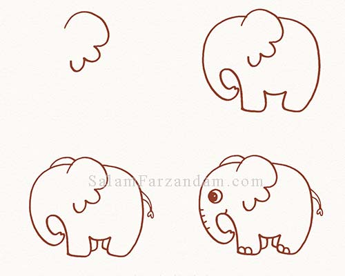 نقاشی کودکانه فیل در چهار مرحله