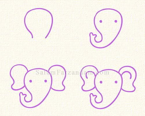 نقاشی کودکانه سر فیل در چهار مرحله