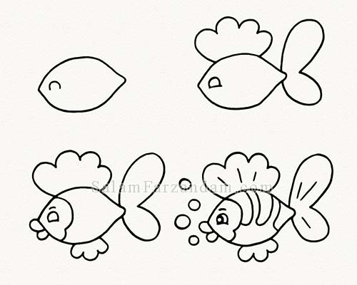 نقاشی کودکانه ماهی در چهار مرحله