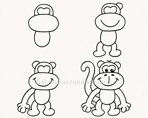 نقاشی کودکانه میمون در چهار مرحله