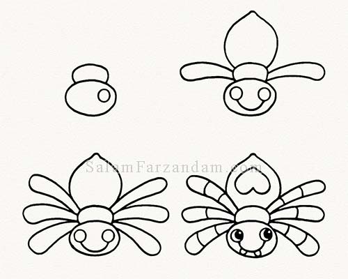 نقاشی کودکانه عنکبوت در چهار مرحله