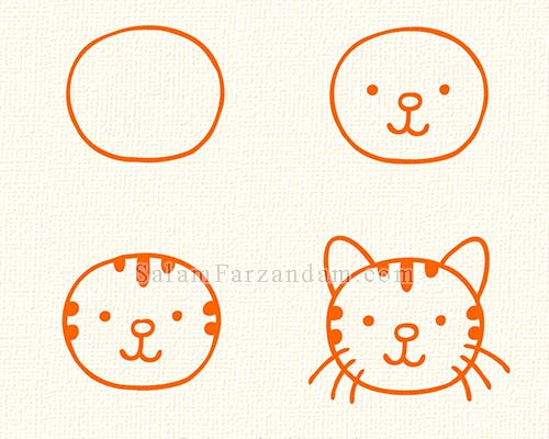 نقاشی کودکانه گربه در چهار مرحله